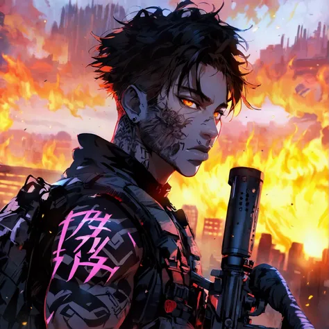 An anime-style character designed with a striking and intense aesthetic. The character is a young man with a darker skin tone, short, spiky hair, and bright, fiery orange eyes that exude flames. He wears a tactical vest over his outfit, adding a modern com...