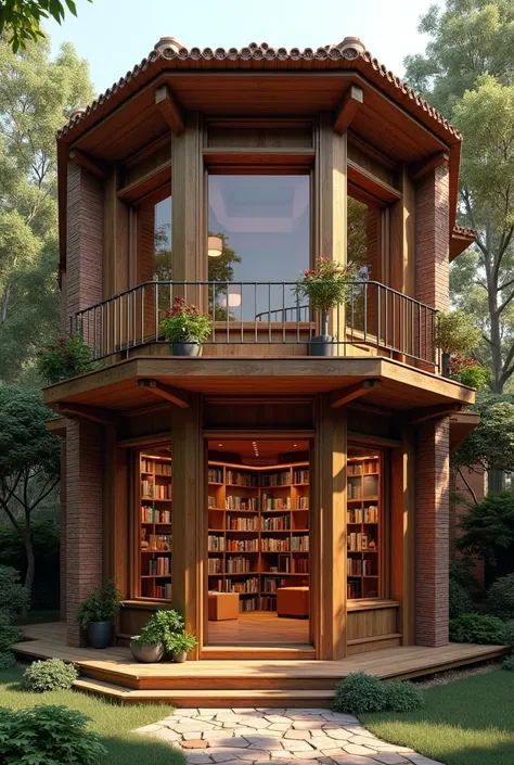  3d architectural project of a library in a hexagonal building made of wood, , exposed brick and colonial roof . 50m² 