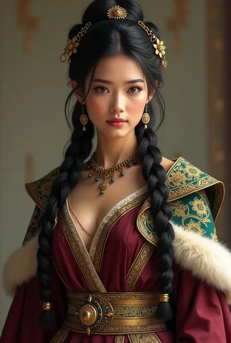 The woman embodies a captivating fusion of Roman and Mongolian elegance, her attire a harmonious blend of cultural elements. She wears a stola-dress of soft, flowing fabric in rich burgundy, draping gracefully over her form. The Roman-inspired garment feat...