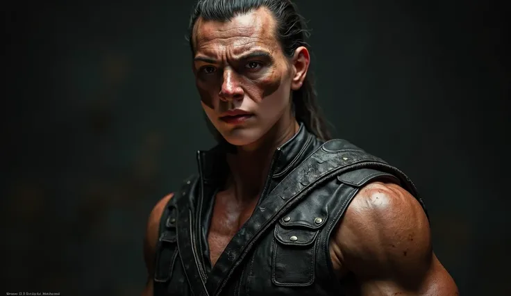 a male cherokee warrior with an angry look, detailed face and muscular body, intense eyes, wearing traditional cherokee sleeveless black leather vest, dramatic lighting, cinematic composition, dark moody colors, gritty realistic rendering, hyperdetailed, c...