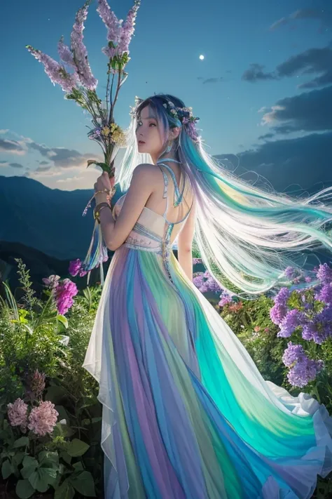 「In the great outdoors、 Picture a scene where a woman with iridescent hair holds a branch with colorful leaves。 the full moon shines in the background 、Clouds are swirling 。 Her dress is made of plants and flowers 、Uniting with nature。 Please make it an ar...