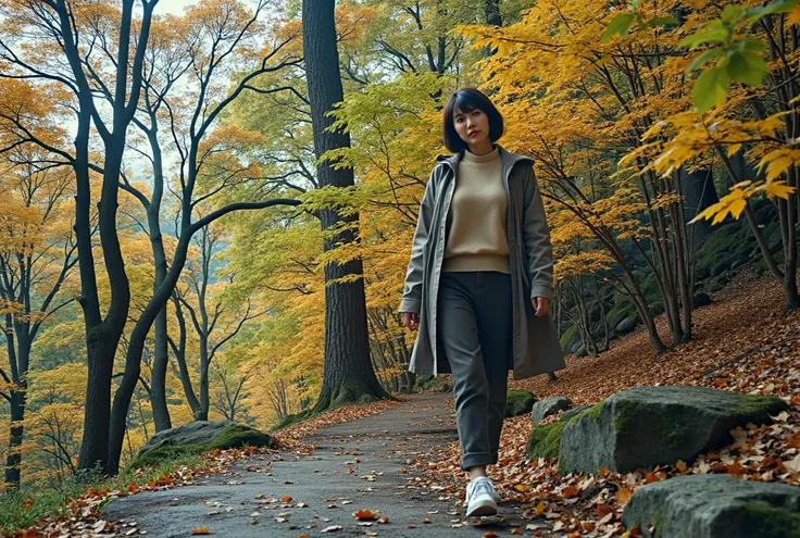 A beautiful short Korean woman in her 50s 、Short medium-length hair、 Top Quality 、Very detailed、 High quality detail 、8ｋ、autumn forest、 Beautiful Korean woman in her 50s . Im wearing a luxurious beige sweater and a luxury windbreaker jacket. Im wearing lux...