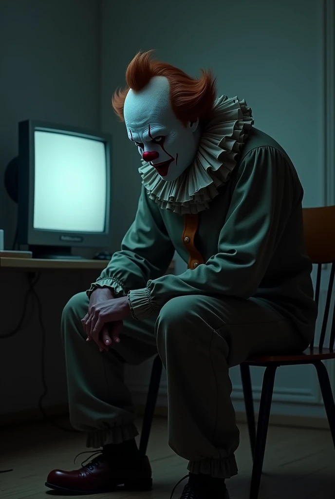 Art the clown sit in the room in front of a screen and there is a lights is the room and he sad and cry 