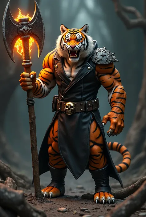  A humanoid tiger with and a face of fury ,  equipped with a dark axe made of bones stained with blood from its battles and fire coming out ,  with an imposing black overcoat made of leather,  your skull-shaped buckle belt , black evening boots 