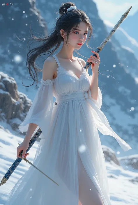 The painting depicts Asian female warrior with blue eyes wearing a white nightgown, holding a snow-white counterweight weapon, shining cold cough. The background is a mountain landscape with scattered snowflakes.