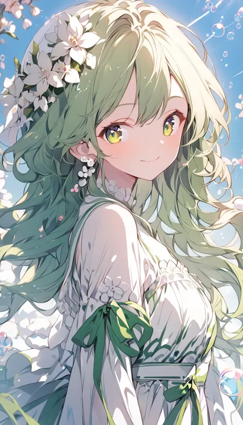 anime lady in green and white dress with flower  bubbles over head, 1girl, solo, adorable girl, bubble, looking at viewer, green long wavy hair, green eyes,slitly smile, long eyelash