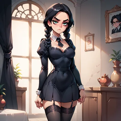 cartoon style, woman, wensdays addams, stockings, bored face, standing,