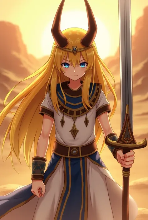 (masterpiece), (Highest quality),1man,Very high resolution, Sharp focus, Warm pastel colors, Anime,Egyptian clothes, Blue eye color, Long yellow hair,Looking sinisterly and menacingly, holding the Sword "Anubis", (Desert 1:1)