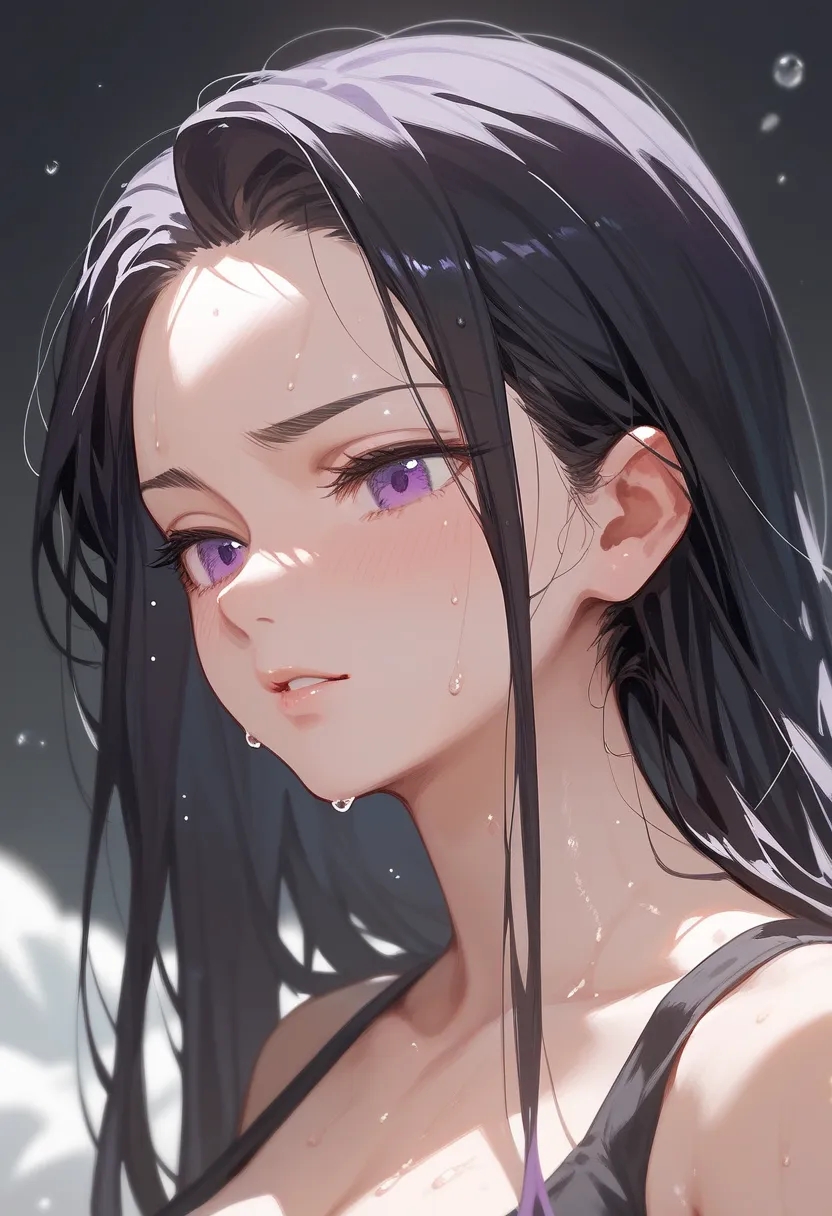 masterpiece, best quality,1girl, yamashiro ren ,long hair, purple eyes, upper body, black hair,sweat