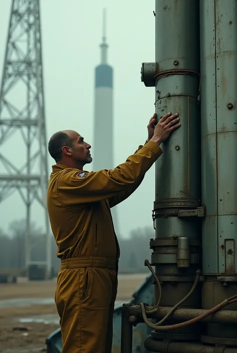 Man repairing a rocket ready to launch it to space 

Muted Color Palette: The color grading is predominantly desaturated with cool tones (yellow, green, black), creating a cold, dramatic atmosphere. Theres minimal contrast with subtle highlights, enhancing...