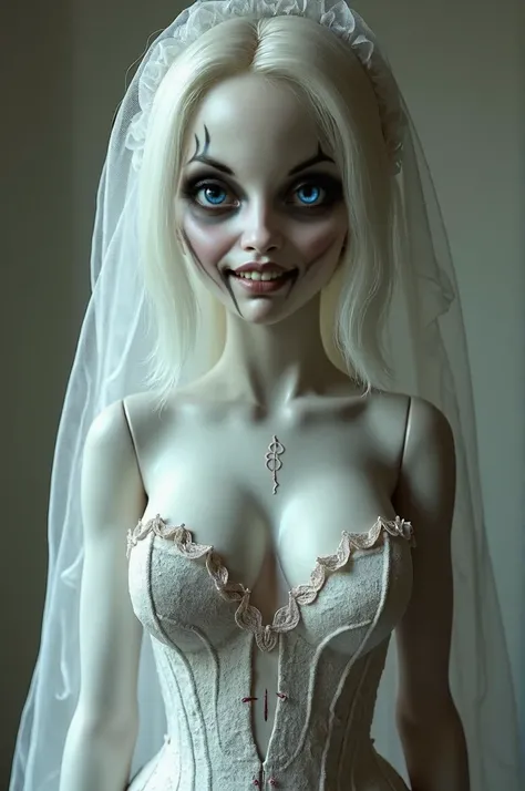 Angie poupée du jeu resident evil village, 18 ans, visage jeune, visage de porcelaine cassé ,avec fissure , craquelés. Large sourire malicieux avec dent, bien maquillé.  Robe de mariée sexy avec décolleté,  poitrine push up, cheveux blanc, rouge à lèvres n...