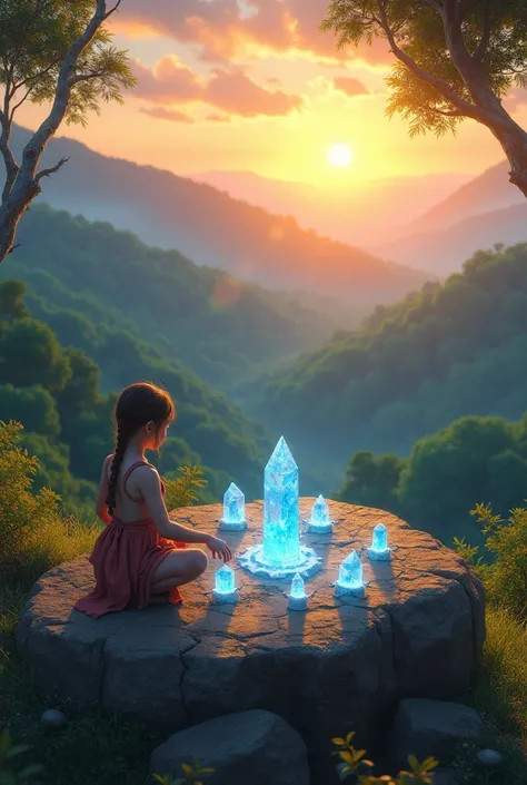  A view of the hilltop with a beautiful sunrise . In the middle, there is a natural altar where Mira the  girl with neatly braided hair wearing simple brightly colored clothes lays blue crystals.  Gentle blue light flows from the crystal ,  spreads through...