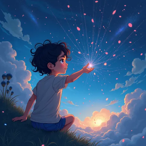 illustrates the following paragraph " The boy with curly hair and violet eyes wears a web woven by star spiders,  caught dreams that floated like petals in the air . However,  Lian kept a deep yearning :  although he cared for the most beautiful dreams ,  ...