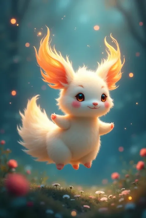 mythical fantasy animal, cute, chibi, big fluffy tail, will o wisp features, long flame ears