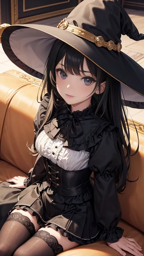  masterpiece,  Best quality , high resolution,  beautiful detailed eyes ,  extremely detailed face, Detailed CG, 1 girl; , sitting on a couch ,  seen from above, looking at the viewer,  long black hair , black eyes,  impossible clothing with ruffles , blou...