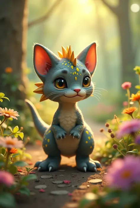 A magical and adorable fusion between a kitten and a baby dinosaur, creating a unique and enchanting creature. The body is small and agile, covered in a combination of soft gray fur and small, shiny green and yellow scales. The head has a feline shape, wit...