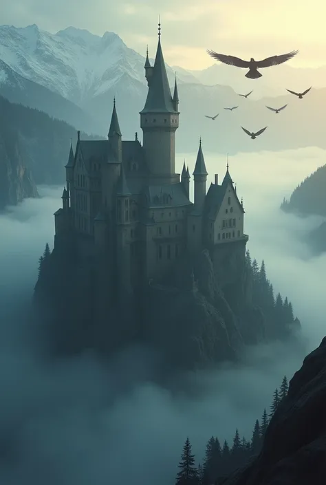 prompt: " Aerial view of a medieval castle shrouded in fog ,  with mountains in the background and crows flying above its towers at dawn."
 Screen Text : " Draculas Castle : myth and reality ."