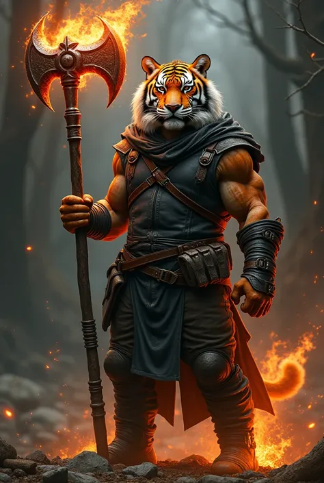 A humanoid Tiger, with a serious face , physical size not very muscular ,  equipped with a dark axe made of bones stained with blood from its battles and fire coming out ,  with a black dress suit covering her entire body,