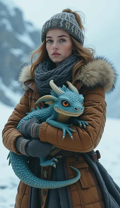 A woman in cold clothes holding a cuddly dragon 