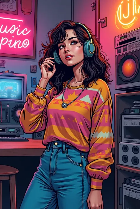 Create a comic image of a pretty teenage girl from the 80s listening to music.