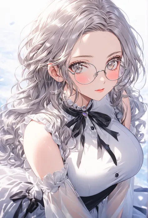 ((highest quality)), ((masterpiece)), (detailed), (front view), ((full body view from far)), (one girl), sexy, shiny skin, glossy skin, height 168cm, bust 120cm, big breast, hourglass body, housewife, Wearing round glasses, A pure, innocent, shy, introvert...