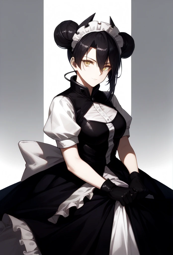 agent (girls frontline), gloves, long skirt, 1girl, Solo, AgentNormal,double bun,maid,sangvis ferri,yellow eyes, black hair