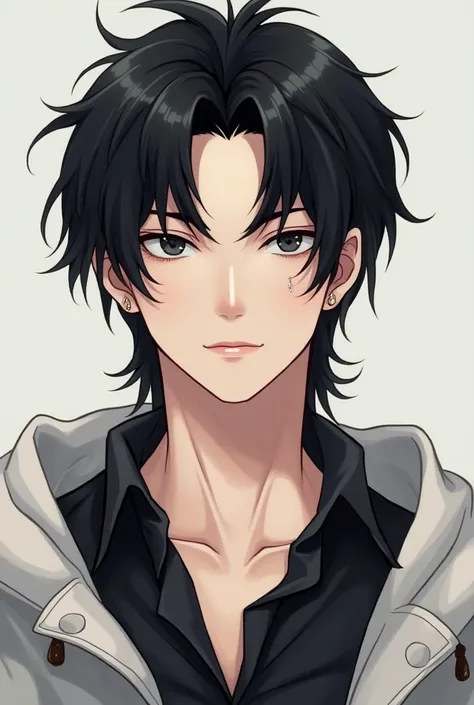 A guy,manhwa korean styel,have percing in his ear,black hair shoulder length,pale skin,front view,more handsome,cool,sexy