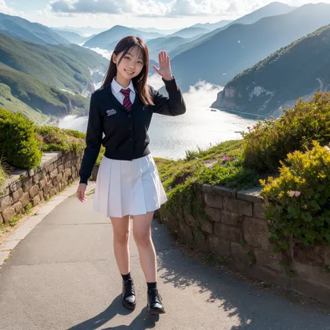 Beautiful woman smiling, waving, wearing school uniform, black student shoes, mountains, sea, flowers, sunlight through clouds, steam, winter, morning atmosphere