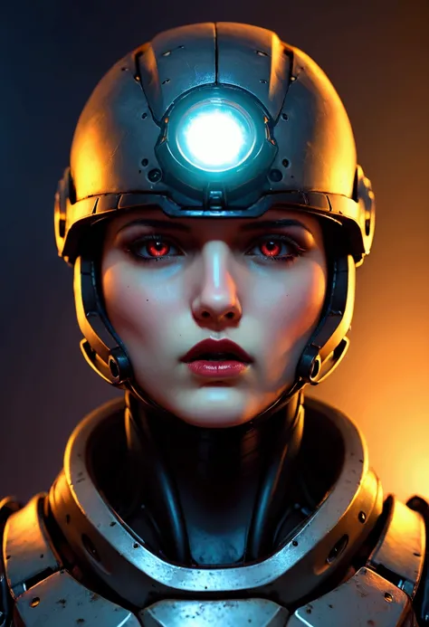 a CLOSEUP image, of very high resolution, of a cybernetic face with extremely precise details.  The face must be a fusion of human and mechanical elements.  The eyes should be bright red, emanating an intense light.  The head must be adorned with a helmet,...