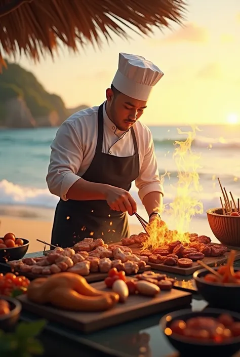 Malay chef is searing chicken  ,  meat and skewer by the beach