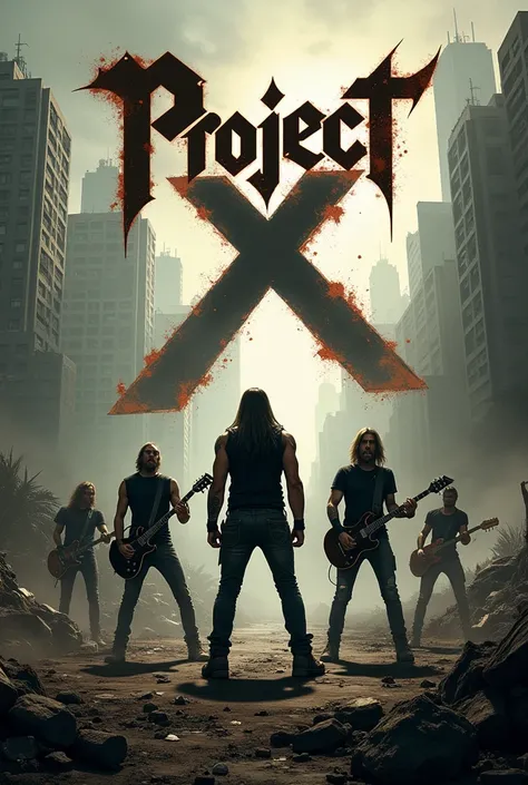 Create metal group cover with text that reads "Project X" Let the post-apocalyptic landscape come out in the background 
