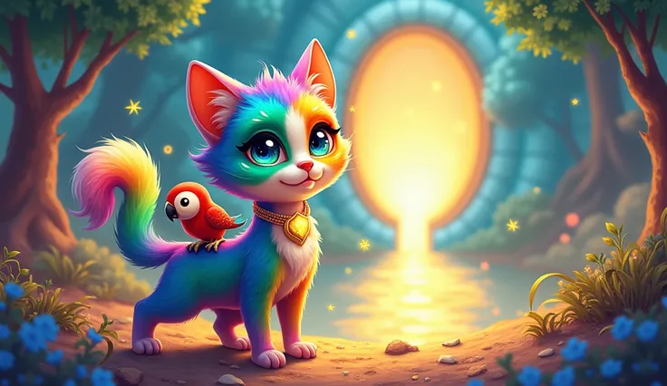 "Create a colorful illustration of a magical story featuring a vibrant rainbow-colored cat named Cleo. Cleo has shimmering fur that transitions through the colors of the rainbow, large sparkling eyes (one sapphire blue and the other emerald green), and a f...