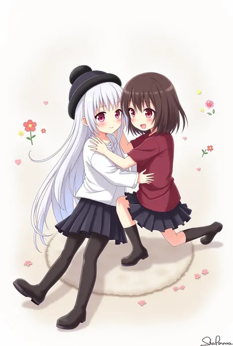  An anime girl in a white shirt and a short black skirt,  in addition to wearing black Ushanka ,   and in her pupils a shape of a heart  , Her long white hair  ,  and she has long black tights ,  and black sleeves that reach her elbow. With an anime girl i...