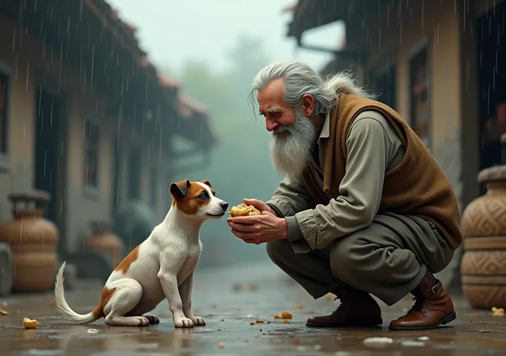 create a 3d image of elderly man with white beard, dressed in tattered clothes, kneeling down, offering a piece of bread to the skinny white and chocolate colour puppy, with a faint smile on his tired face. The setting is a humble village corner with the r...