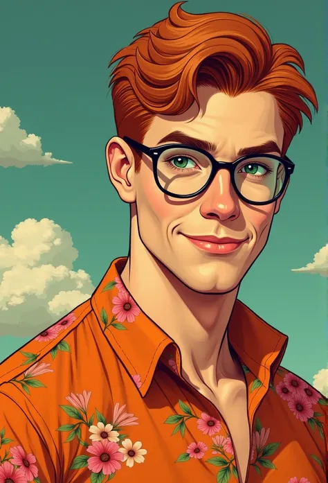 Generate illustrations , Glassmorphism,  masterpiece, Best Film, Pop culture style, pulp, TO BREAK, a 22 years-old men,red hair,Austrian, muscular, Male Bodybuilder, Look friendly at the viewer, orange print hawwaian shirt, vintage round glasses, green eye...