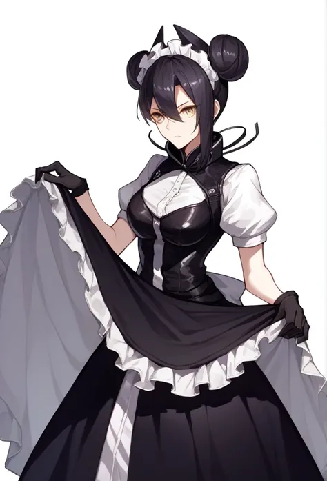 agent (girls frontline), gloves, long skirt, 1girl, Solo, AgentNormal,double bun,maid,sangvis ferri,yellow eyes, black hair, standing, room