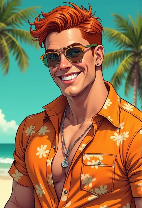 Generate illustrations , Glassmorphism,  masterpiece, Best Film, Pop culture style, pulp, TO BREAK, a 22 years-old men,red hair,Austrian, muscular, Male Bodybuilder, Look friendly at the viewer, orange print hawwaian shirt, vintage round glasses, green eye...