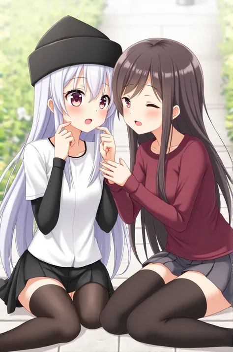   An anime girl in a white shirt and a short black skirt,  in addition to wearing black Ushanka  ,    and in her pupils a heart shape   , Her long white hair   ,   and she has long black tights  ,   and black sleeves that reach her elbow .  With an anime g...