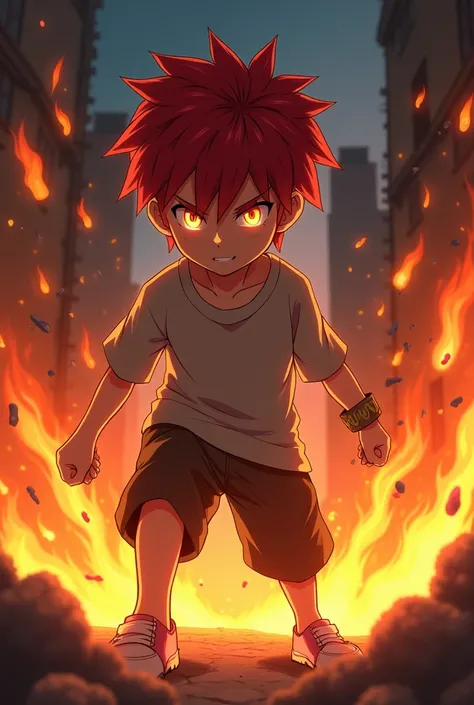 A boy with short, red hair who controls fire to his will and seeks revenge anime 