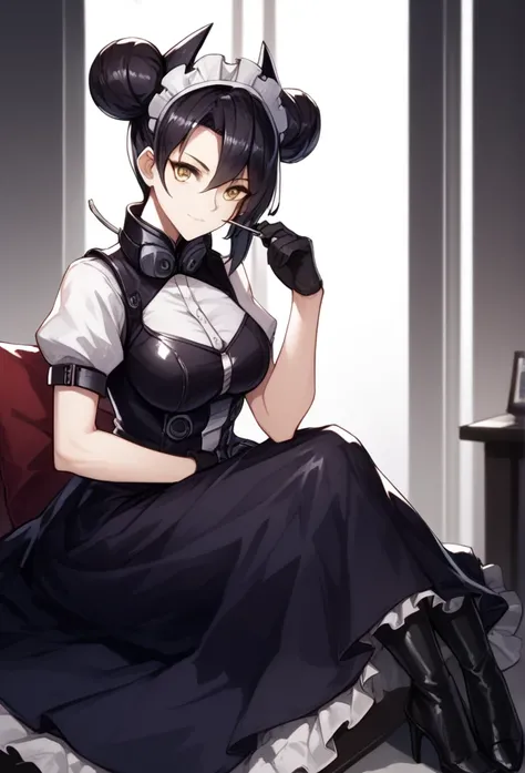 agent (girls frontline), gloves, long skirt, 1girl, Solo, AgentNormal,double bun,maid,sangvis ferri,yellow eyes, black hair, room, sitting, black heels boots 