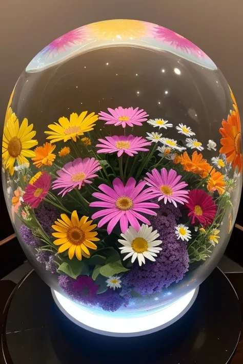 Inside the glass sphere, the 、Mr.々 colored flowers。 sphere is placed on ice, and the 、 background is illuminated 。 The flowers are daisies, gerberas, etc. 、pink、 orange、yellow、 are mixed with colors such as purple Create an image filled with 。
