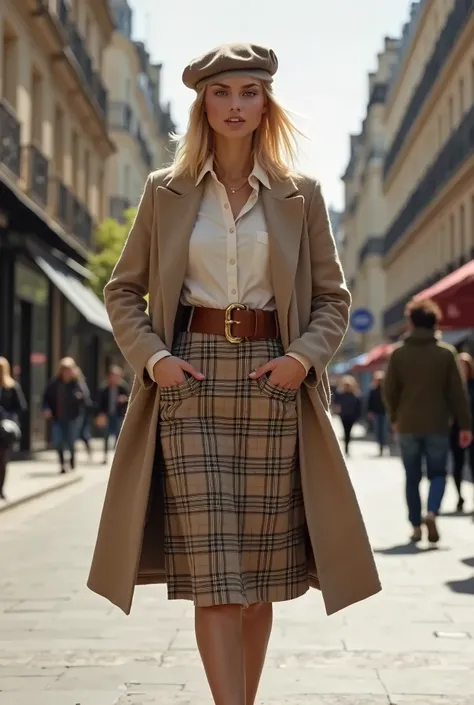 casual shirt with a long wool sweater and tight plaid midi skirt with big belt, French beige beret on head, heels skinny, very slim, large big breasts, bob cut blond hair, swalking on the street in Paris, France, Canon, realistic photo