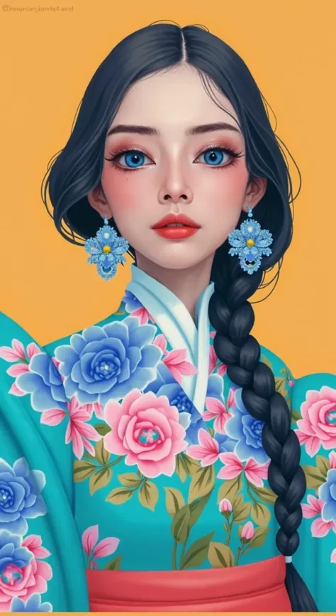 Create a stylized digital portrait of a young woman with long, dark braided hair and large, expressive blue eyes. She has smooth, fair skin with a natural blush and full, pink lips, giving her a soft and delicate look. Dress her in a modern kimono with a b...