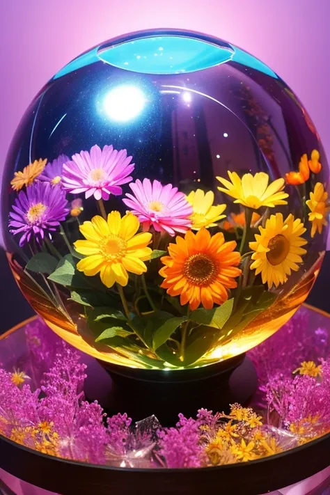 Create an image of a transparent glass sphere 、 colorful flowers。 sphere is placed on ice, and the 、 background is illuminated 。Flowers are pink 、 orange、yellow、 purple, etc. 、 shining beautifully in the sphere 。
