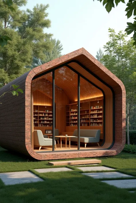 projeto 3d de uma small biblioteca de madeira, red brick and glass . small, cozy, modern. hexagonal format 