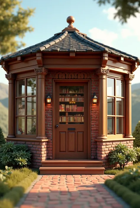 projeto 3d de uma small biblioteca de madeira, red brick and glass . small, cozy,Colonial style. hexagonal format 