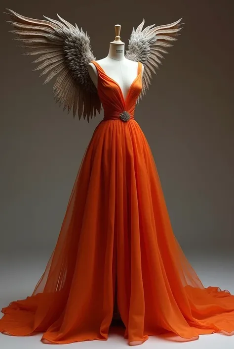 Make an orange red dress ,  gray and brown inspired by a fowl with wings for a model of 1,70m tall on a mannequin on the side 