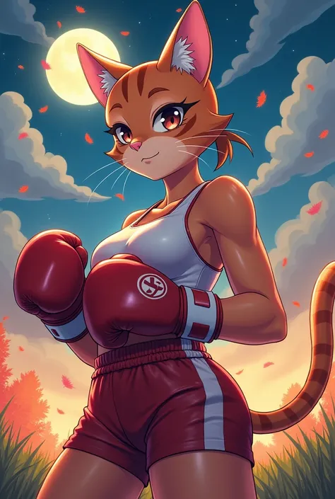 (Amazing. Super high quality. So beautiful. Super detailed. Perfect face. Perfect eyes. Perfect anatomy. Masterpiece. Incredible. Perfect lighting.) Dynamic perspective. Vibrant colors. 2D, Japanese anime cell style. Anthropomorphic, cat girl boxer, long b...