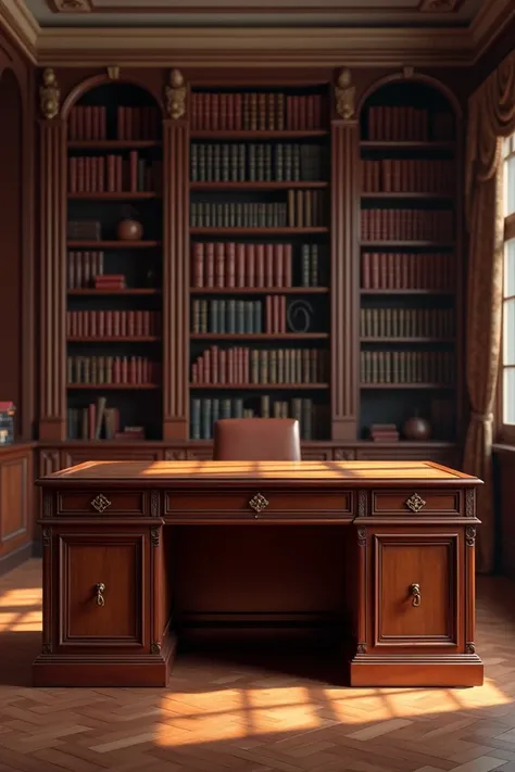 Closed desk without chair in an elegant library 