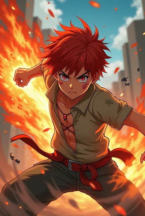 A boy with short, red hair who controls fire to his will and seeks revenge anime the boy is wounded 
He gets up to attack the enemy and is caught by the boy who controls the water 
